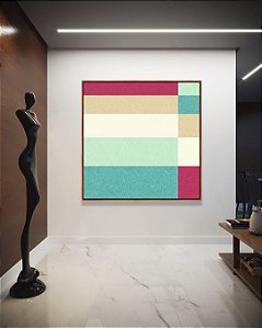 Quadro Quadrado Abstrato Geométrico Listras Rosa Turquesa Canvas Moldura