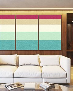 Trio de Quadros Abstrato Geométrico Listras Rosa Turquesa Canvas Moldura