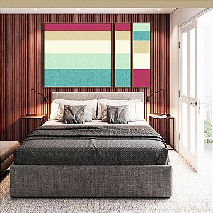 Trio de Quadros Estilizados Abstrato Geométrico Listras Rosa Turquesa Canvas Moldura