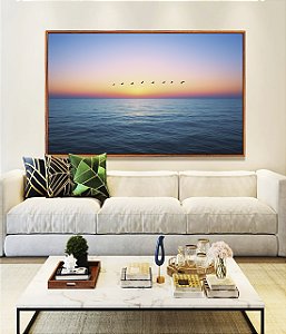 Quadro Horizontal Mar Azul Calmo Pôr do Sol no Céu e Pássaros Canvas Moldura
