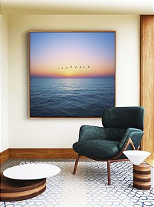 Quadro Quadrado Mar Azul Calmo Pôr do Sol no Céu e Pássaros Canvas Moldura