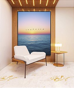 Quadro Vertical Mar Azul Calmo Pôr do Sol no Céu e Pássaros Canvas Moldura