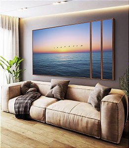Trio de Quadros Estilizados Mar Azul Calmo Pôr do Sol no Céu e Pássaros Canvas Moldura