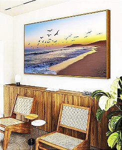 Quadro Horizontal Nascer do Sol Praia de Mar Azul e Pássaros Canvas Moldura