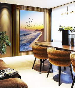 Quadro Vertical Nascer do Sol Praia de Mar Azul e Pássaros Canvas Moldura
