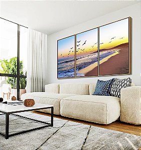 Trio de Quadros Nascer do Sol Praia de Mar Azul e Pássaros Canvas Moldura