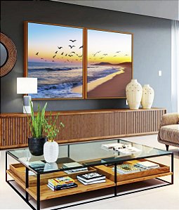 Duo de Quadros Nascer do Sol Praia de Mar Azul e Pássaros Canvas Moldura