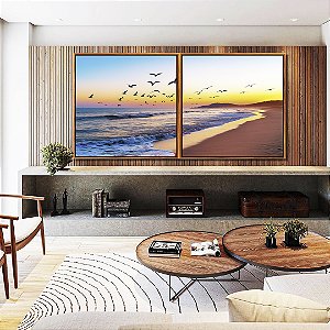 Duo de Quadros Quadrados Nascer do Sol Praia de Mar Azul e Pássaros Canvas Moldura