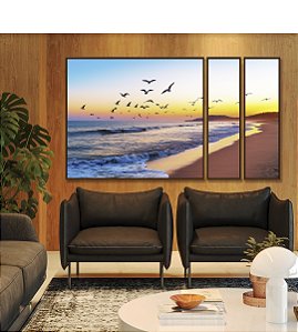 Trio de Quadros Estilizados Nascer do Sol Praia de Mar Azul e Pássaros Canvas Moldura