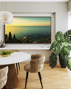 Quadro Horizontal Mar Turquesa Luzes do Sol e Floresta Natureza Canvas Moldura