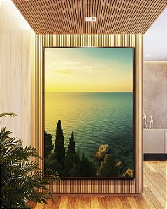 Quadro Vertical Mar Turquesa Luzes do Sol e Floresta Natureza Canvas Moldura