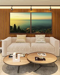 Duo de Quadros Quadrados Mar Turquesa Luzes do Sol e Floresta Natureza Canvas Moldura