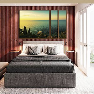 Trio de Quadros Estilizados Mar Turquesa Luzes do Sol e Floresta Natureza Canvas Moldura