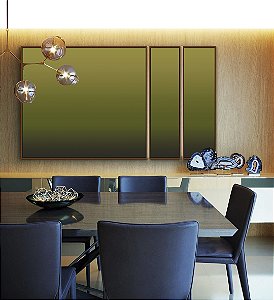 Trio de Quadros Estilizados Abstrato Degradê Verde Oliva Canvas Moldura