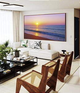 Quadro Horizontal Praia Mar Azul e Céu Rosa ao Pôr do Sol Canvas Moldura