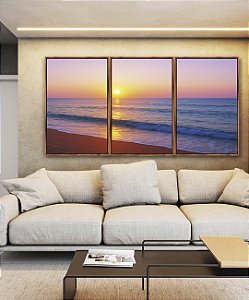 Trio de Quadros Praia Mar Azul e Céu Rosa ao Pôr do Sol Canvas Moldura