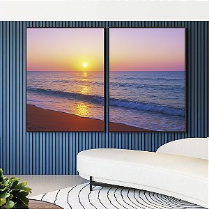 Duo de Quadros Praia Mar Azul e Céu Rosa ao Pôr do Sol Canvas Moldura