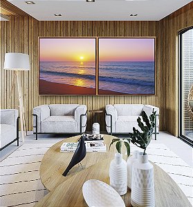 Duo de Quadros Quadrados Praia Mar Azul e Céu Rosa ao Pôr do Sol Canvas Moldura