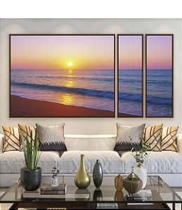 Trio de Quadros Estilizados Praia Mar Azul e Céu Rosa ao Pôr do Sol Canvas Moldura