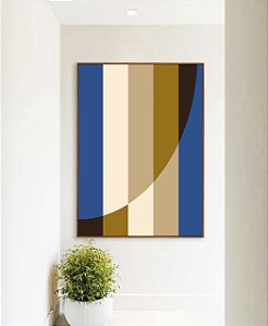 Quadro Vertical Geométrico Listras Círculo Azul Bege Canvas Moldura