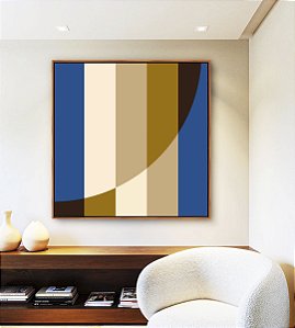 Quadro Quadrado Geométrico Listras Círculo Azul Bege Canvas Moldura