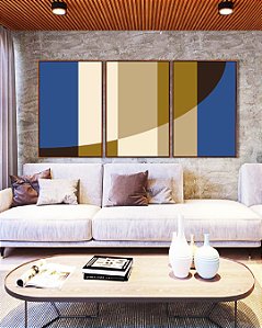 Trio de Quadros Geométrico Listras Círculo Azul Bege Canvas Moldura