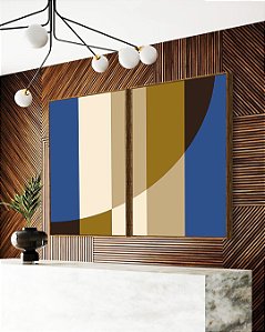Duo de Quadros Geométrico Listras Círculo Azul Bege Canvas Moldura