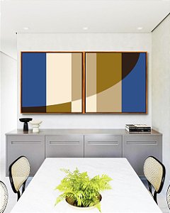 Duo de Quadros Quadrados Geométrico Listras Círculo Azul Bege Canvas Moldura