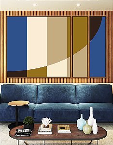 Trio de Quadros Estilizados Geométrico Listras Círculo Azul Bege Canvas Moldura