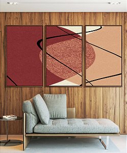 Trio de Quadros Abstrato Minimalista Rosa Vermelho Telha Canvas Moldura