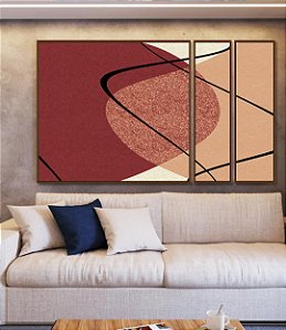 Trio de Quadros Estilizados Abstrato Minimalista Rosa Vermelho Telha Canvas Moldura