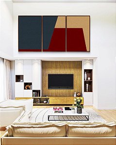Trio de Quadros Abstrato Geométrico Minimalista Azul Vermelho Canvas Moldura