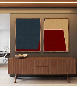 Duo de Quadros Abstrato Geométrico Minimalista Azul Vermelho Canvas Moldura