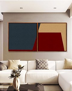 Duo de Quadros Quadrados Abstrato Geométrico Minimalista Azul Vermelho Canvas Moldura