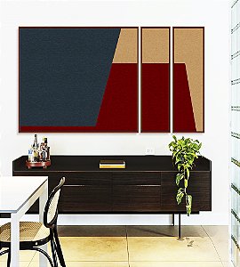 Trio de Quadros Estilizados Abstrato Geométrico Minimalista Azul Vermelho Canvas Moldura