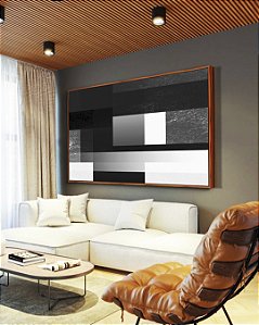 Quadro Horizontal Abstrato Preto e Branco Geometrico Degrade Canvas Moldura