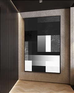 Quadro Vertical Abstrato Preto e Branco Geometrico Degrade Canvas Moldura