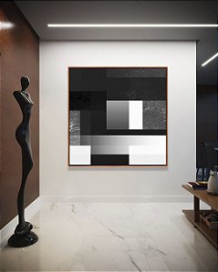 Quadro Quadrado Abstrato Preto e Branco Geometrico Degrade Canvas Moldura