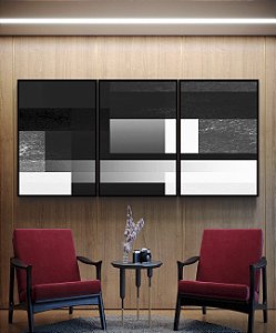Trio de Quadros Abstrato Preto e Branco Geometrico Degrade Canvas Moldura