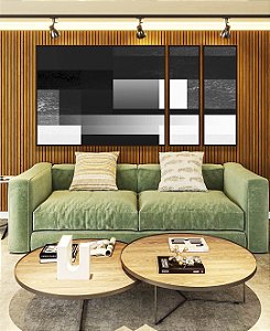 Trio de Quadros Estilizados Abstrato Preto e Branco Geometrico Degrade Canvas Moldura