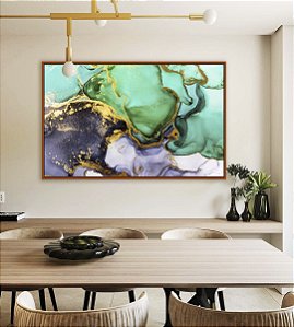 Quadro Horizontal Abstrato Verde Turquesa Dourado Cinza Arte Fluida Pouring Canvas Moldura