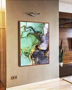 Quadro Vertical Abstrato Verde Turquesa Dourado Cinza Arte Fluida Pouring Canvas Moldura