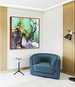 Quadro Quadrado Abstrato Verde Turquesa Dourado Cinza Arte Fluida Pouring Canvas Moldura