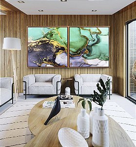 Duo de Quadros Quadrados Abstrato Verde Turquesa Dourado Cinza Arte Fluida Pouring Canvas Moldura