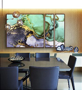Trio de Quadros Estilizados Abstrato Verde Turquesa Dourado Cinza Arte Fluida Pouring Canvas Moldura