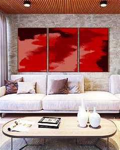 Trio de Quadros Abstrato Tons de Vermelho Efeito Pintura Canvas Moldura