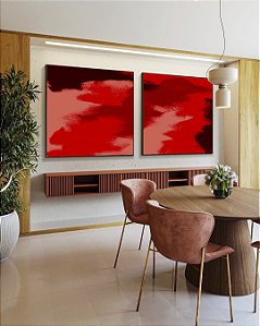 Duo de Quadros Quadrados Abstrato Tons de Vermelho Efeito Pintura Canvas Moldura