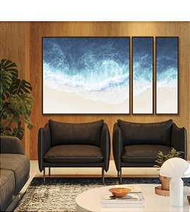 Trio de Quadros Estilizados Praia de Mar Azul Intenso Natureza Canvas Moldura