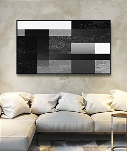 Quadro Horizontal Abstrato Geométrico Degradê Preto e Branco Canvas Moldura