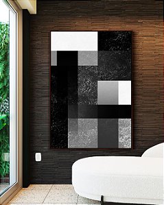 Quadro Vertical Abstrato Geométrico Degradê Preto e Branco Canvas Moldura